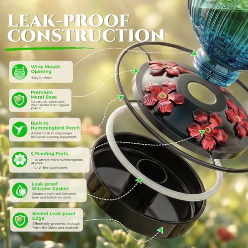2 Pack Glass Hummingbird Feeder for Outdoors Hanging, Bird Nectar Feeder with Perch & 5 Flower Feeding Ports, 26 Oz Leak Proof for Outside Garden Decor Backyard, Gifts for Women Mom, Red + Green Blue - color: Red + Green-Blue Gradient