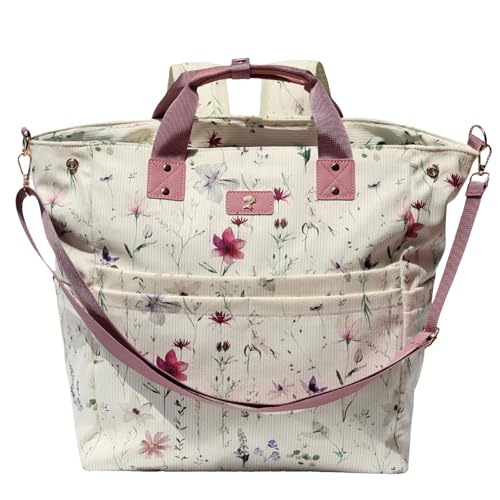 Diaper Tote Bag Totepack Backpack Crossbody Bag 3 in 1 for Women Laptop Backpack Multifunctional with Insulated Pockets - color: Corduroy Purple Flower