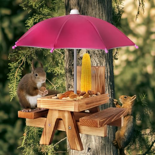 Gnodary Squirrel Feeder with Umbrella, Squirrel Feeders for Outside, Squirrel Picnic Table Feeder - Chipmunk Feeder Hold Corn, Corn Cob, Peanuts (Dark-Pink) - color: Dark-Pink
