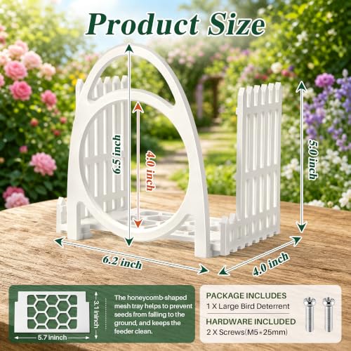 Upgraded Double Arc & Round Anti Perch Fence Compatible with Bird Buddy Feeder, White Large Bird Perch Barrier & Shield Accessories with Mesh Tray, Keep Feeding Area Clear for Small Birds