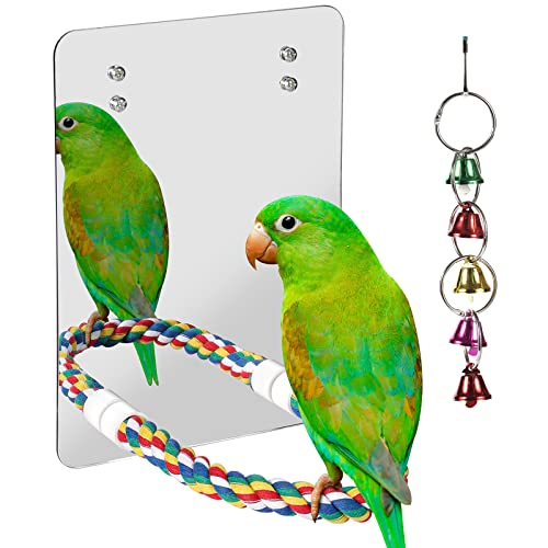 10.6" Bird Mirror with Rope Perch Bird Toys Swing, Comfy Perch for Greys Amazons Parakeet Cockatiel Conure Lovebirds Finch Canaries - size: 10.6 inch