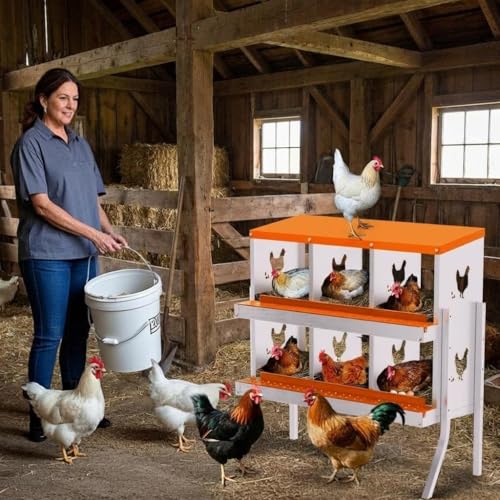 Chicken Nesting Box, 6 Compartment Galvanized Steel Chicken Laying Boxes, Heavy Duty Rustproof Chicken Coop with Easy Egg Collection for Backyard Farms - with Bracket Legs, Orange - color: orange, size: 6 holes with legs