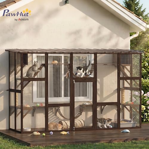 PawHut Catio Outdoor Cat Enclosure Window, 118" x 37.5" x 74", Coffee Brown | Outdoor Cat House, Weather Protection Roof, for 1-4 Kitties, Wooden Frame, Shelves & Bridges - color: Coffee Brown