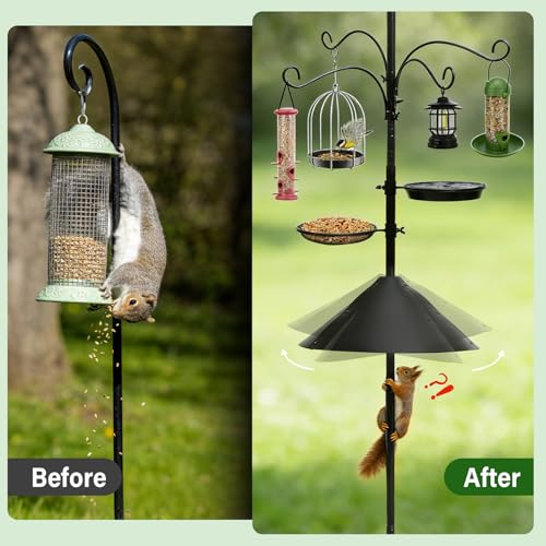 99 Inch Bird Feeder Pole with Squirrel Baffle, 360° Rotating Heavy Duty Bird House Pole for Outdoors Garden Yard, Adjustable Height Bird Feeder Stand with Shepherds Hooks Metal Trays