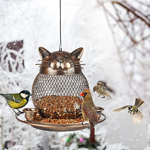 Bird Feeders for Outdoors Hanging, Heavy Duty Cute Cat Bird Feeder | Metal Wild Bird Feeder Equipped with Water Feeding Cups, Finch Sparrow Birdfeeder for Garden Yard Lawn Decor