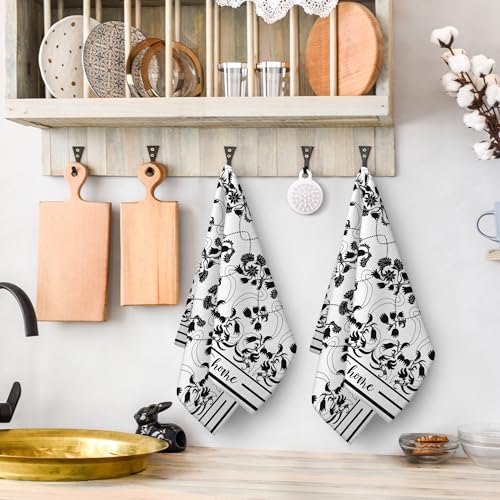 Black Kitchen Towels Decorative Set of 2 Boho Floral Dish Towels | Absorbent Tea Towel for Kitchen Drying Cleaning, Cute Hand Towel for Kitchen Bar Bathroom Decor,Housewarming Gifts for Women - color: Black