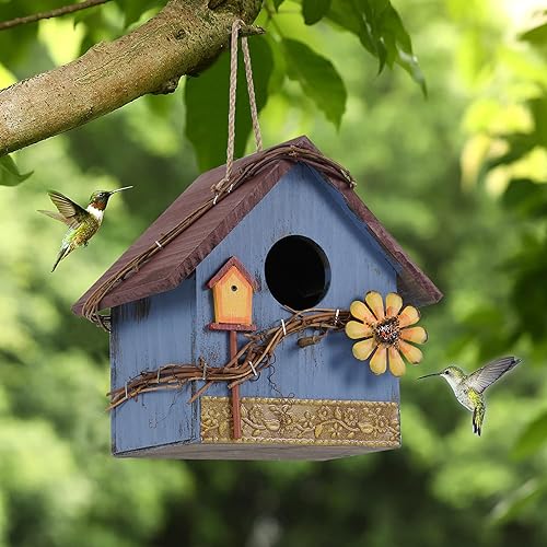 Blue Wooden Hanging Bird House Feeder for Outside Garden Wild Birds | Decorative blue wooden hanging birdhouse feeder nest box for outdoor garden, hummingbird cardinal bluebird bird lovers gift