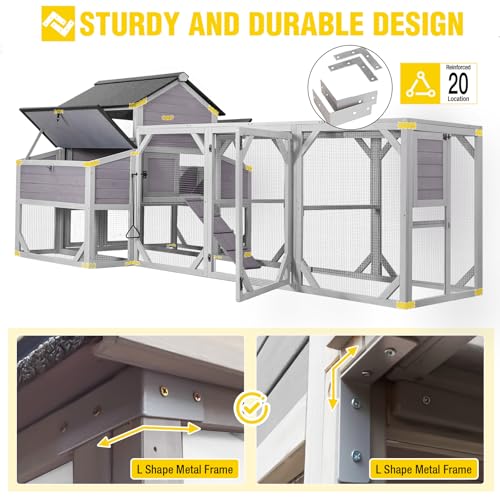 Aivituvin Extra Large Chicken Coop with Run for 6-10 Chickens | Outdoor Reinforced Wooden Hen House with 6 Nesting Boxes, Easy Clean Pull-Out Tray, Waterproof Asphalt Roof - Grey, 118"L - size: 118.0"L x 56.7"W x 49.5"H