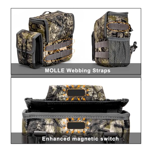 Binocular Harness Chest Pack - Rangefinder Pouch for Hunting Camo | Silent one-handed access, bino case with rain cover and removable pouch , MOLLE webbing for birdwatching and hiking - color: Camo