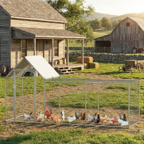 GarveeLife Metal Chicken Coop, Large Chicken Run with Waterproof and Anti-UV Cover, Walk-in Chicken Coop for 6/10 Chickens (9.8 ft L x 3.3 ft W x 5 ft H)