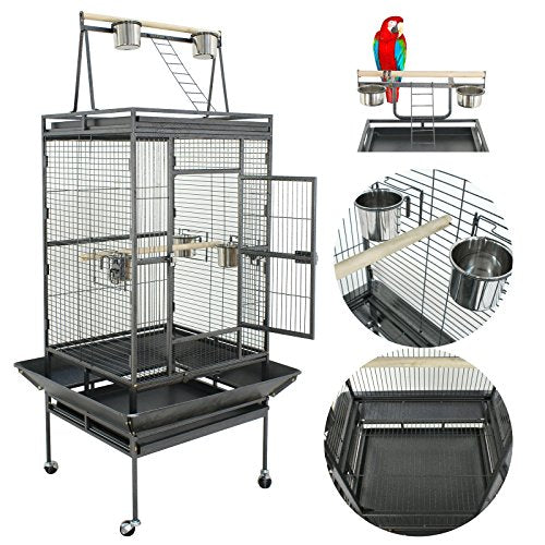 68 inch Iron Bird Cage, Play Top Parrot Cage with Rolling Stand for Parrot Cockatiels Parakeet Cage Macaw Finch Cockatoo Perch Pet House, Black - size: 68 inch