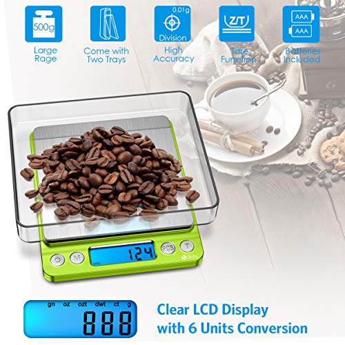 AMIR Digital Kitchen Scale, 500g-0.01g Mini Pocket Jewelry Scale, Cooking Food Scale with Backlit LCD Display, 2 Trays, 6 Units, Auto Off, Tare, Stainless Steel (Battery Included) - color: Green