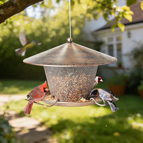 Metal Bird Feeder for Outdoor Hanging 9.8" Roof 3 LBs Seeds Capacity | Heavy Duty, Rainproof, Weatherproof, Rustproof, Large Dome, 360° Feeding, Attracts Various Birds, Easy to Refill & Clean