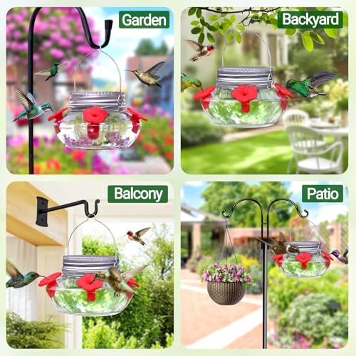 Hummingbird Feeders for Outdoors Hanging, Mason Jar Humming Bird Feeder | Glass Hummingbird Feeder for Outside with 4 Silicone Flower Feeding Ports, Top Fill Leak Proof Easy to Clean and Refill