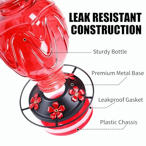 2 Pack Glass Hummingbird Feeder for Outdoors Hanging, 24Ozs Humming Bird Nectar Feeder w/Perch, 5 Flower Feeding Ports, Leak Proof Base and Hook for Outside Garden Backyard Decor, Red - color: Red-2
