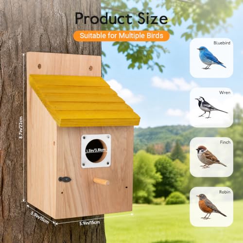Marsui 4 Pack Wood Bird Houses for Outside Blue Bird Houses Set with Pole | Bird Houses for Outdoor, with Metal Guards, Safety Locks, Flight Slots, Ventilation for Bluebirds Wrens Finches
