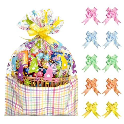 ASOEMERZ 10 Pcs Easter Basket Bags, 18"x24" Cellophane Bags for Gift Baskets with 10 Pieces Pull Bows for Small Gift Baskets, Presents, Treats, Easter Day, Party Supplies