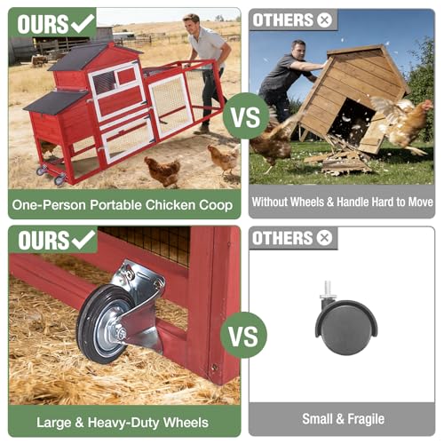 Mobile Chicken Coop with Wheels for 4-6 Chickens, Large Outdoor Hen House with Run, Weatherproof Asphalt Roof, Sectionable Nesting Box & Pull-Out Tray, 82.4" L x 25.8" W x 44.1" H - Red - size: 82.4"L x 25.8"W x 44.1"H