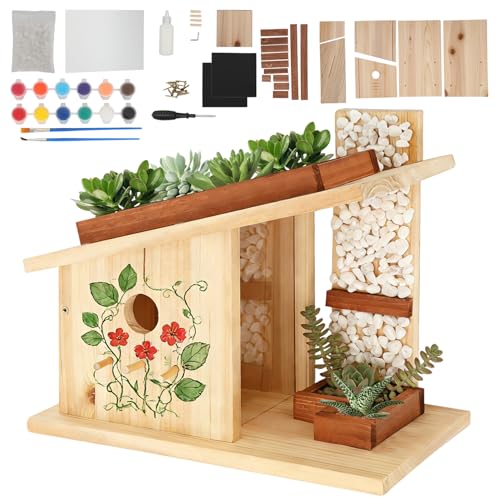 Modern Birdhouse Woodworking Kit, Natural Cedar Wooden birdhouses for Outdoors with Paint Set, Creative DIY Birdhouse Gift, Build Your Own Bird House Kit