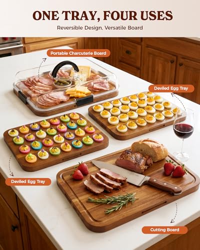 Deviled Egg Containers with Lid, 2-in-1 Acacia Wooden Deviled Egg Platter & Charcuterie Board, Portable Egg Platter With lid for Party, Home Kitchen Gift for Women - color: Black
