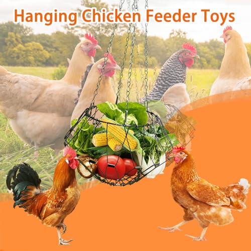 Hanging Chicken Feeder,9.25IN Large Foldable Chicken Vegetable Treat Holder Ball with 4Pcs Hanging Stainless Chain,Sturdy Poultry Cabbage Feeder Basket for Chicken Coop(Large) - size: Large