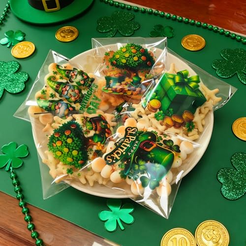 ZYLOP Self-Sealing St Patricks Cellophane Goodie Bags - 4x4 Inch 200 PCS Plastic Self-Adhesive St Patricks Cookie Candy Treat Bags for Gifts Giving Shamrock Bags Holiday Candy Bags Wrap, 4 Style - color: St. Patricks 200pcs