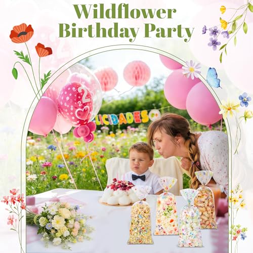 QOIUSO 50 PCS Wildflower Party Cellophane Treat Bags - 4.9 x 10.8 Inch Plastic Floral Party Favor Bags with Twist Ties - Clear Candy & Cookie Gift Bags for Baby Shower, Bridal, Wedding, Birthday - color: Wildflower-50pcs