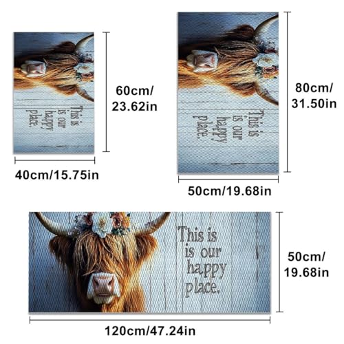 Farmhouse Kitchen Rugs Set of 3, Non Slip Washable Durable Stain Resistant Floor Mat Set,Highland Cow Floral Fence Retro Wood Pattern Kitchen Runner Rug 16"X24"+20"X32"+20"X47" - color: Grayish White-highland Cow