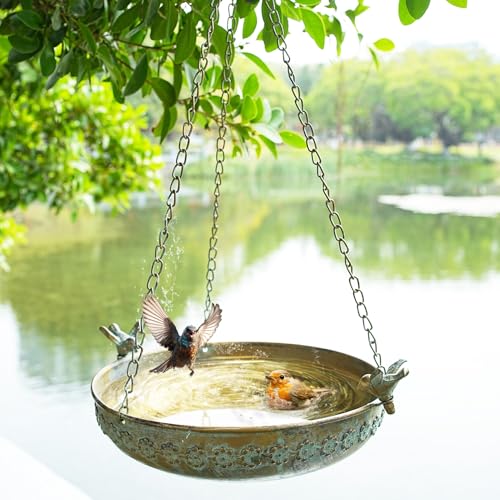 Metal Hanging Bird Bath, Hanging Bird Baths for Outdoors | Birdbath Hanging for Outside Bird Feeder Seed Tray Garden Yard Decor - color: gold-E