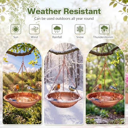 2 Pcs Hanging Bird Bath for Outside, 11.5" Antique Copper Metal Bird Feeder Birdbath Bowl with Rust-Proof Chains Simulated Dragonfly for Outdoor Garden Backyard Patio Yard Decor