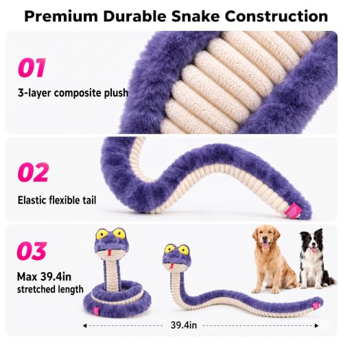 Squeaky Dog Plush Chew Toy, Interactive Tug Squeaky Toy for Chewers, Medium & Large Dogs & Fetch Play, 39.4 in Stuffed Silly Snake Toy with Elastic Stretchable Body for Gentle Gum Care&Boredom Relief - color: Purple (Silly Snake)
