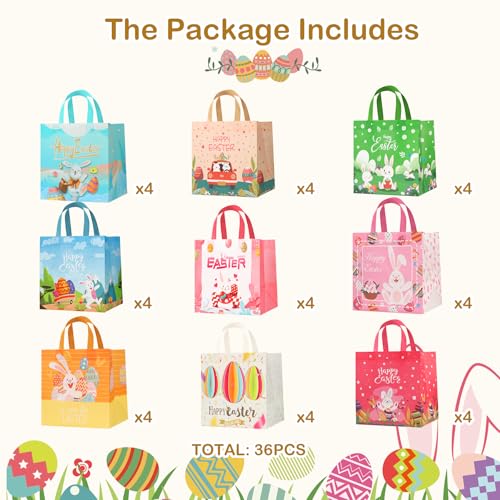 Bszatan 36PCS Easter Gift Bags with Handles, Treat Bags with Happy Bunny Carrot Chick, Multifunctional Non-Woven Easter Baskets for Egg Hunt, Gifts Wrapping, Party Supplies, 8.3×7.9×5.9inch - color: Easter Bags 36 PCS