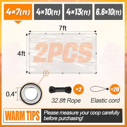 2pcs 4x7ft Chicken Coop Covers Accessories for Winter - Easy to Install Waterproof Chicken Run Tarp with Elastic Cords & Ropes - size: 4x7ft