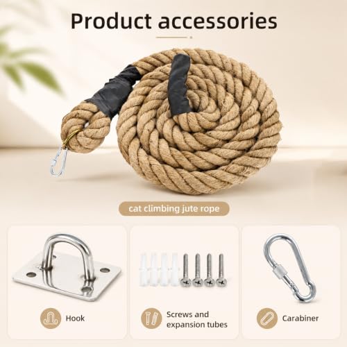 Cat Climbing Rope,9.84 Ft x 1.97 Inch Thick Natural Jute Cat Scratching Rope with Square Ring,Wall Mounted Cat Rope for Indoor Cats,Space-Saving Cat Wall Furniture & Cat Tree Alternative - size: 1.97-9.84 FT