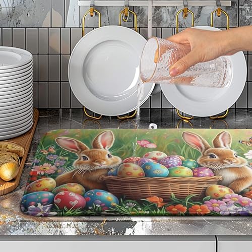Easter Bunny Eggs Dish Drying Mat for Kitchen Counter 18x24 Inch Spring Easter Rabbit Flowers Large Drying Mat Microfiber Dish Drainer Rack Mats Absorbent Reversible Dishes Pad Dish Dryer Mat - color: Easter Egg Bunny, size: 18" x 24"