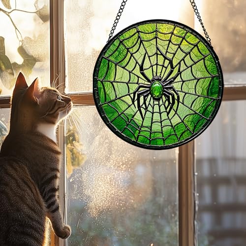 Stained Glass Window Hanging - Black Green Horror Spider Web Suncatcher for Doors Garden Patio Sun Catchers Decor Christmas Halloween Birthday Gifts for Women Men Mom Nana Friend 6.3 in - color: Green, size: 6.3x6.3 IN