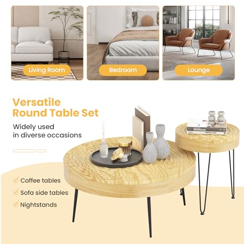 COSTWAY Farmhouse Round Coffee Table Set of 2, Rustic Sofa Side Tea Tables w/Wood Finish, Metal Frame, Adjustable Foot Pads, Nesting End Table Set for Living Room, Bedroom (Ring Pattern, Natural) - color: Natural, style: Ring Pattern