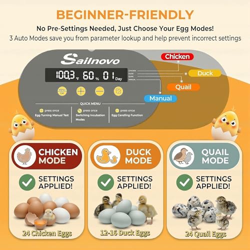 Sailnovo 24 Eggs Incubator, 4 Modes, Temp Control & Humidity Display, Grey | 3 Preset Modes, Built-in Candler, 360 View Window, Humidity Alarm, Easy Clean, Chicken Duck Quail eggs, Home Classroom Farm - color: Grey, size: 24 Eggs