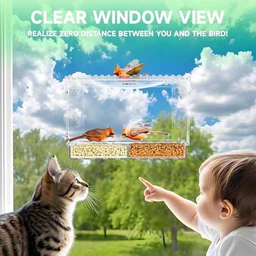 Acrylcc Window Bird Feeders with Strong Suction Cups for Window Viewing and Balcony,See Through Wild Birdfeeder with Bath and Water Combo,Clear Windows Bird Feeder for Cats,Kids,Birds Lover Gifts