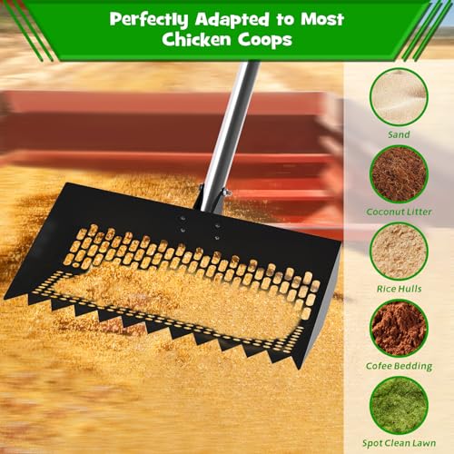 Chicken Poop Scooper & Rake 2-in-1 – 12 Inch Shovel Head & 3-Angle Adjustable Stainless Steel Handle, Chicken Litter Scoop and Coop Rake & Sand Sifting Shovel for Chicken Coops, Black - color: Black
