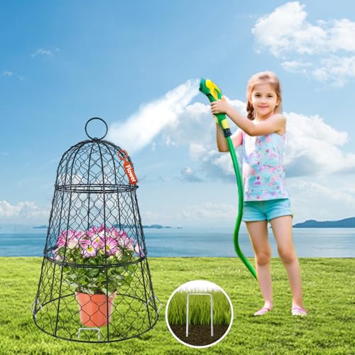 6 PCS 17.7"H X11.42"D Chicken Wire Plant Covers Protectors, Rustproof Heavy Duty Metal Plant Cage with Stakes & Labels, Modular Garden Cloches Design for Seedling Flower Vegetable Protect from Animals