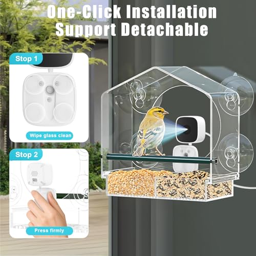 Clear Window Bird Feeder with Camera,2K HD Live View,6 Suction Cups | Clear Acrylic, Strong Suction, Easy-Clean Tray, 2K View & AI Bird ID, Gifts