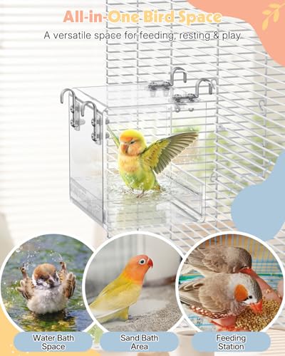 Pawfly Clear Hanging Acrylic Bird Bath for Cage, 5"×4.4"×5.1" Bird Shower Bathtub Box for Parrot, Parakeet, Cockatiel, Budgie, Canary, Lovebird & Finch