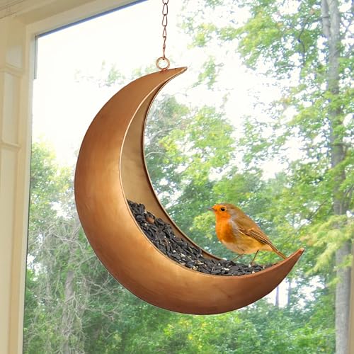 Hanging Moon Bird Feeder – Unique Metal Bird Feeders for Outdoors, Antique Gold, Rust-Resistant, – Wild Bird Feeder for Bluebirds, Cardinals, Finches, and Backyard Birdwatching - color: Antique Gold