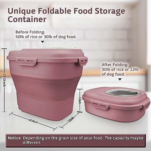 Rice Storage Bin Cereal Containers, 13-50lb Collapsible Rice Container Dispenser with Transparent Lid, Rolling Wheels, Measuring Cup and Scoop, Airtight Dog Cat Pet Food Storage Container Pink - color: Pink