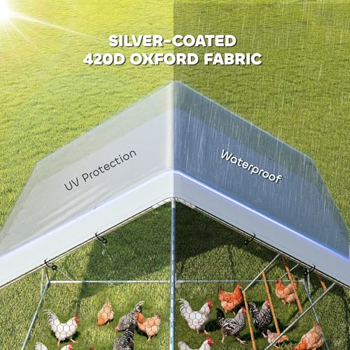 PawHut Large Metal Chicken Coop, Walk in Chicken Run with Waterproof & Anti-UV Cover, Feeding Door, Hanging Feeder, Perch, Outdoor Duck Cage Rabbit Hutch Pen, for 18-24 Poultries, 9.8' x 19.7' x 6.4' | Walk in Chicken Run, Waterproof & Anti-UV Cover, Hang
