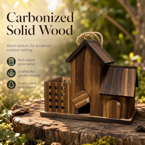 Outdoor Wooden 3 House Bird House, Carbon Wood for Hummingbirds Blue Birds and Other Small Birds, with Cleaning Gate, Food Storage, Garden Forest Natural Bird Watching Decoration