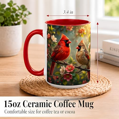 Cardinal Garden Coffee Mug, Bird Lover Mug, Spring Nature Gift for Home Office, Red Songbird Pair with Cherry Blossoms Branch Artwork, Ceramic Red Accent Handle Cup 15 Oz Drinkware (Bird Pair 15oz) - color: Bird Pair 15oz