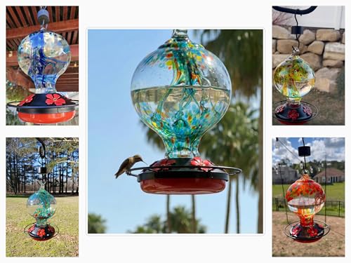 Hummingbird Feeder for Outdoors, 34 oz Hand-Blown Glass Bird Feeders | Decorative lnner Glass Humming Bird Feeder with Ant Moat Hook, Bee Guard Ports, Brush, Unique Garden Gift - color: Rainforest Blue
