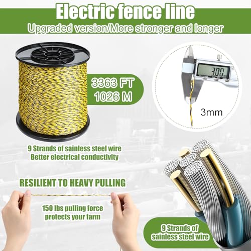 Electric Wire Fence Kit, 5 Mile 110VAC 0.25 J Plug in Fence Charger with 3366 FT Polywire, 40 T Post Insulators, 20 Screw in Insulators for Pasture Farm Horse Cattle Poultry Fencing - size: 3366FT, style: 0.25J
